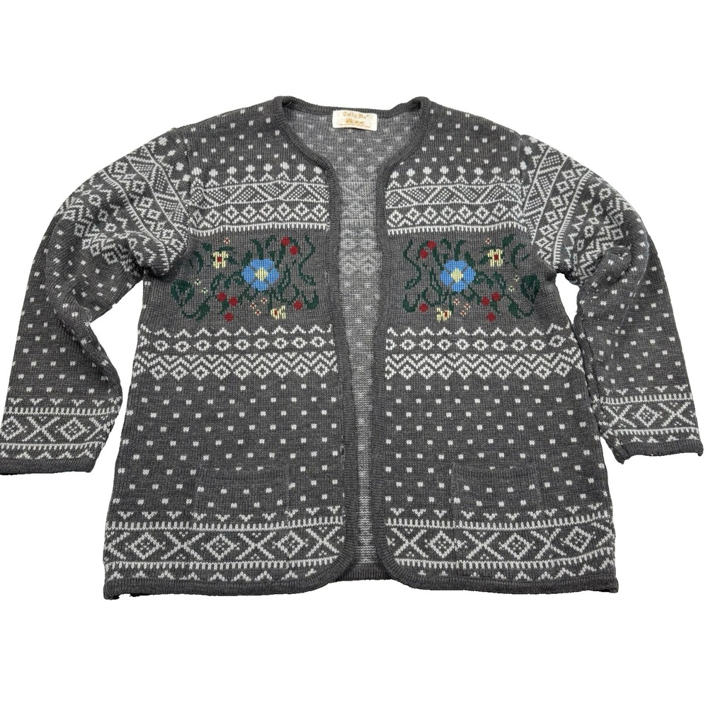 Tally Ho Sweater Cardigan VTG Medium Nordic Print‎ Gray Long Sleeve Open Front